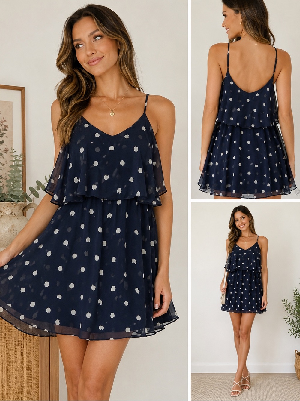 Dee Elle Navy Polka Dot Flowy Ruffle Mini Dress Size Large